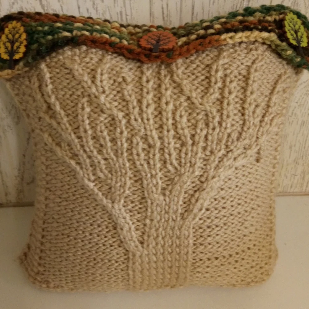 Hand Crafted Knit Throw Pillow Tree Cable Wood Buttons Cabin
